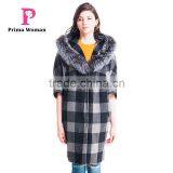 Autumn And Winter Women Wool Lattice Coat With Silver Fox Removable Fur Hat Overcoat
