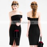 Manufacturer Factory Directly Sell Women's Stretchy Off the Shoulder Front Split Midi Bodycon Bandage Party Elegant Dress Black