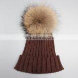 Wholesale Latest UK Style Acrylic Crochet Hat With Raccoon Fur Poms Knit Hat thumbnail-5