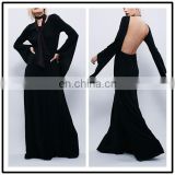 2015 High Fashion European Style Backless Dolman Sleeve Luxury Evening Dress Black NT6718
