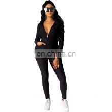 Wholesale Solid Color Hooded Tops and Pants Two Piece Set With Zipper Fall Winter Women's Tracksuit in Multi Colour thumbnail-1