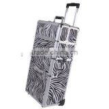 2in1 Zebra Aluminum Makeup Cosmetic Train Rolling Case Hair Style Lockable Box thumbnail-1