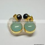 Aqua Chalcedony & Black Pearl Cab Vermeil Sterling Silver Earrings, Fashionable Bezel Earrings, Designer 925 Silver Earrings