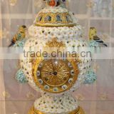Exquisite Flower and Bird Design Ceramic and Brass Table Clock, Elegant Embedded Urn Jar Table Clock