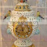 Exquisite Flower and Bird Design Ceramic and Brass Table Clock, Elegant Embedded Urn Jar Table Clock thumbnail-1