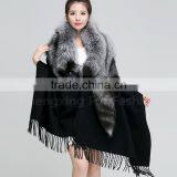 CX-B-P-53A Women Luxury Fox Fur Trim Pashmina Shawl thumbnail-1