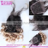 2016 factory cheaper price ombre silk base frontal lace closure loose curls bleached knots
