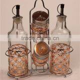 Set of Glass Oil Spice Jar Bottle Set With Iron Holder Golden Metal Cover thumbnail-2