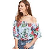MAXNEGIO Ladies Crop Top Chest Floral Printing off Shoulder Blouse for Women thumbnail-5