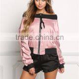 MGOO 2017 Hot Sale Cheap Price Off Shoulder Pink Jackets Custom Fashion Satin Bomber Tops Crop Style thumbnail-2