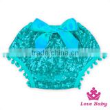 Aqua Sequins Baby Pom bloomers with bow back pom pom Baby Pants & Shorts