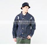 Men's Washed Distressed Broken Holes Heavy Denim Jacket With Button Back thumbnail-1