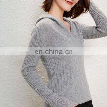 Women Cashmere Wool Rib Knit V Neck Cashmere Hoodie Sweater thumbnail-4