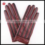 Ladies High Quality Fashion Stripe Sheepskin Wine Red Leather Gloves thumbnail-1