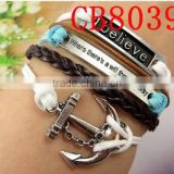 CB8039 European vintage jewelry hot selling believe with anchor charms handmade weave bracelet