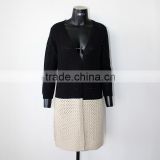 woman knit cardigan long loose thick model with geometric splice design