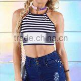 Adjustable Halter Neck Straps White and Navy Striped Halter Crop Top Women thumbnail-2