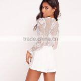 HAODUOYI Women White Lace Long Sleeve Deep V Neck Tie Front Playsuit thumbnail-6