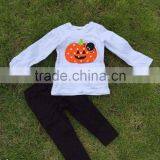 Boys Long Sleeves Halloween Pumpkin Print Pant Kids Boutique Outfits Kids Suit With Matching Necklace and Headband thumbnail-1