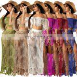 Summer Crochet Dress Beach Wear 2 Piece Crop Top And Skirt Set For Women Long Sleeve Tassels Slash Neck Two Piece Knit Sets thumbnail-1