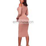 2020 New Arrivals Women Solid Color Fashion Casual Dresses Ladies Long Sleeve Turtleneck Off Shoulder Dresses Women Autumn Dress thumbnail-7