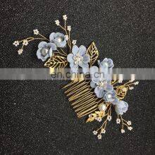 Luxury Blue Flower Hair Combs Headdress Prom Bridal Wedding Hair Accessories Gold Leaves Hair Jewelry thumbnail-2