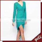 Women Elegant Long Sleeve Mint Green Dress With Wrap Front thumbnail-1