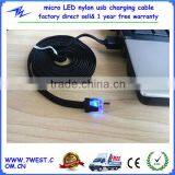 2014 Colorful Flat Noodle LED Fabric Braided Micro USB Cable for Samsung HTC