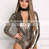 MGOO Custom Made Pewter Metallic Plunge Bodysuits Custom Long Sleeves V Neck Sexy PU Polyester Lycra Women Tops thumbnail-2