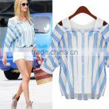 Zm50292b Summer Plus Size Lady Garment Latest off Shoulder Stripe Plus Size Women Blouse thumbnail-1