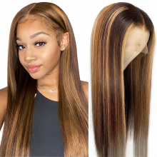 Highlight Human Hair Wigs For Women Bone Long Straight Human Hair Wig Highlighted 13x4 Lace Frontal Wig Colored Human Hair Wigs thumbnail-1