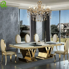 Modern Stainless Steel Round Dining Table Set With Marble Top Rotated Centre thumbnail-4