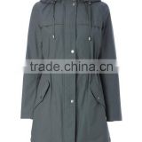 stylish celadon mid long coat jacket women ,elasticated waist,funnel neck and hood trench coat