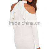 Women Frill Cold Shoulder Long Sleeve Mini Short Bodycon Club Dress White thumbnail-4