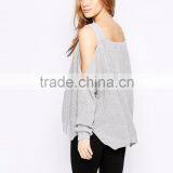 Sweater With Cold Shoulder And Side Splits For Women Light Weight Ladies Custom Gray Knitted Sweaters Loose thumbnail-2