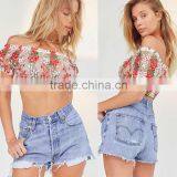Sexy Mesh Embroidered Floral Tops off Shoulder Ladies Blouse thumbnail-4