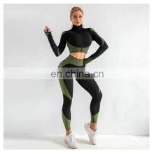 Wholesale Women 3 Pieces Crop Top Leggings and Sports Bra Workout Clothes 3 Pieces Seamless Yoga Belt Zipper Suit thumbnail-3