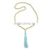 Original Natural Wood Beads Jade Stone Long Tassels Beaded Necklace thumbnail-1