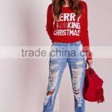 Custom Design Women Merry Christmas Crew Neck Cropped Jumper Red Knitwear Sweater Pullover thumbnail-5