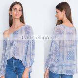 Fringed Drawstring Elastic Neckline Sheer Georgette Peasant Blouse thumbnail-5