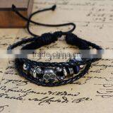 New Fashion Black Cord Gunmetal Halloween Skull Green Blue & Silver Tone Beads Cowhide Multilayer Bracelets thumbnail-2