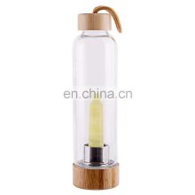 Natural Clear Crystal Gem Stone Healer 500ml Glass Water Bottle Travel Cup Mug With Healing Gem Infused And Bamboo Lid