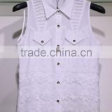 Lily-white sleeveless rayon blouse with lace flowers for women