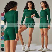 4 Piece Suit Workout Wear Leggings Sports Bra Long Sleeve Tshirt Gym Fitness Sets Seamless Knitted Yoga Set For Women thumbnail-5