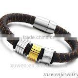 Two Tone Gold Plated Color Stainless Steel & Leather Mens Bracelet