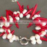 Wholesale 2 Rows 7" Pearls & 9-10mm Red Capsicum Shape Natural Coral Stone Bracelet thumbnail-1