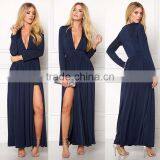 long sleeve one-piece dress Deep V-neck Front split ladies party wear gown Women's evening dress