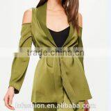 Picture of Office Ladies Cold Shoulder Tie Waist Satin Blazer Green Two Piece Sets for Office Ladies thumbnail-5