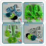 St. Patrick's Day Item Chevron Green White Baby Crib Shoes With Shabby Flower Crystal thumbnail-1