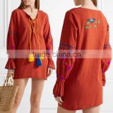 Bohemian Clothing Boho Mexican Peasant Embroidered Crinkled Cotton Mini Dresses With Pompom HSD5939